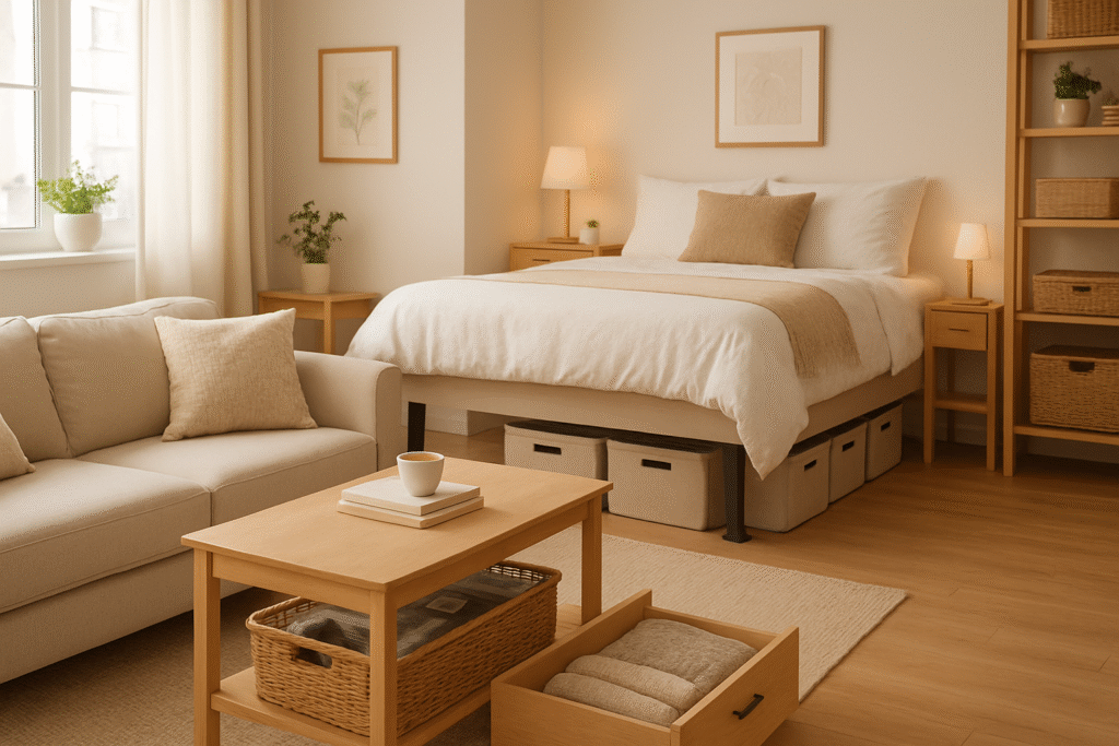 A cozy and well-organized small apartment living room showcasing various small apartment DIY storage solutions, including a coffee table with an under-mounted basket, a sofa with a pull-out drawer, and a bed raised on risers with under-bed storage boxes.
