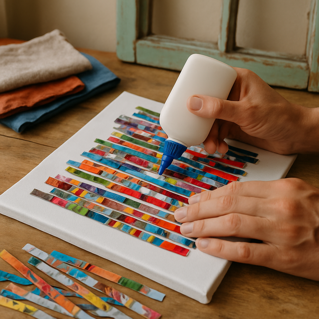 Close-up of hands applying glue to a DIY wall art project made from recycled magazine pages, showcasing creative Room Decor Ideas DIY with sustainable materials.