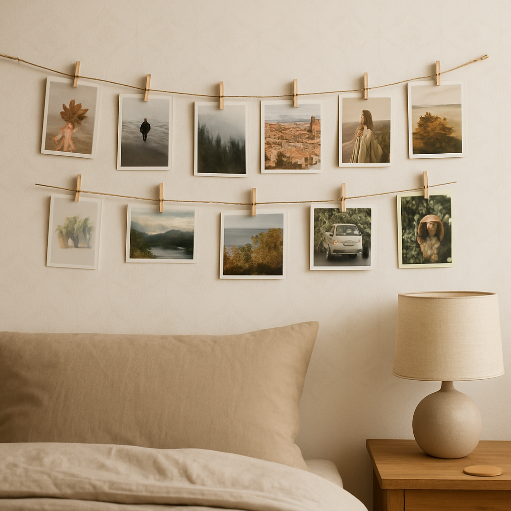 A cozy bedroom wall featuring a DIY clothespin photo display with various photos and postcards, illustrating easy and personalized Room Decor Ideas DIY.