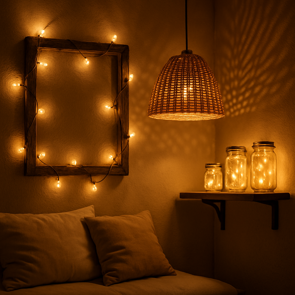 A warm room corner illuminated by DIY lighting, including string lights, a woven basket pendant lamp, and mason jar lanterns, creating inviting Room Decor Ideas DIY ambiance.