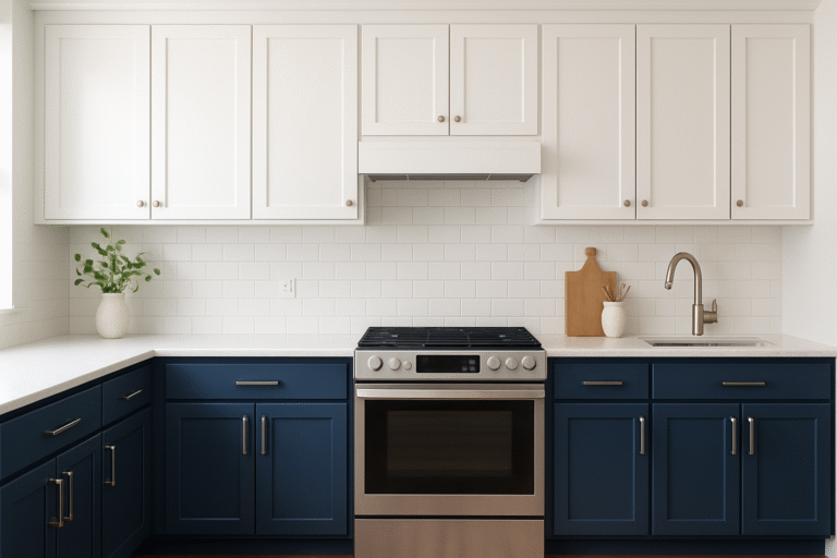 Modern kitchen with two-tone paint kitchen cabinets, navy blue on the lower cabinets and white on the upper cabinets, stainless steel oven, white subway tile backsplash, and minimal decor.