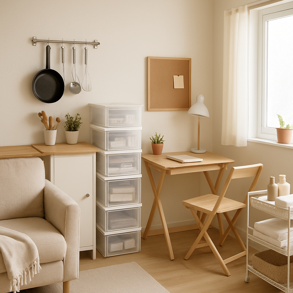 Image depicting various small apartment DIY storage solutions, including a magnetic strip for kitchen utensils, stackable clear bins, a foldable desk, and a rolling cart with bathroom essentials, showcasing clever space-saving ideas.