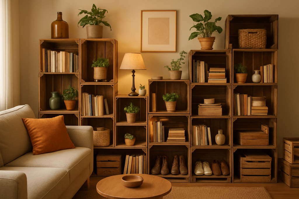 A cozy living room featuring creative small apartment DIY storage solutions. Repurposed wooden crates are stacked to form a modular shelving unit, holding books, plants, and decorative items, showcasing a rustic and functional design.