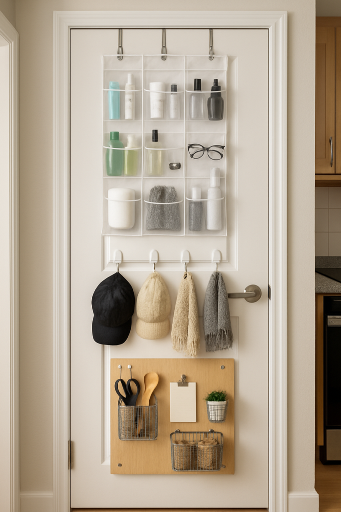  The back of a door in a small apartment showcasing various small apartment DIY storage solutions, including a clear-pocket shoe organizer, adhesive hooks, and a DIY plywood panel with baskets and clips.
