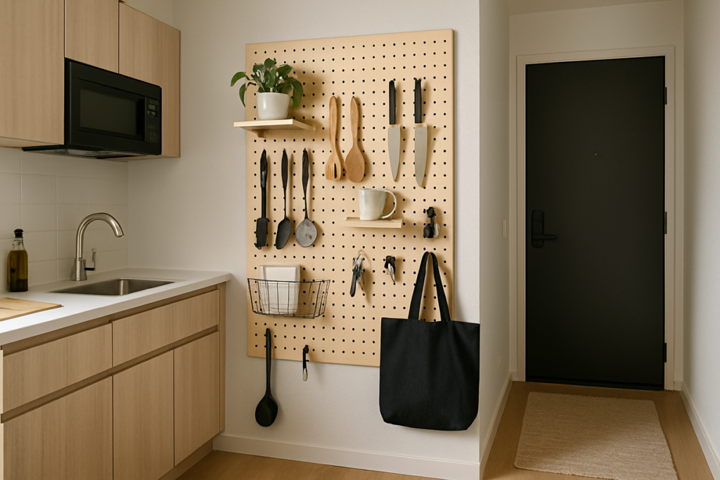 A modern kitchen or entryway in a small apartment featuring a functional pegboard wall, showcasing efficient small apartment DIY storage solutions for utensils, tools, and everyday items.