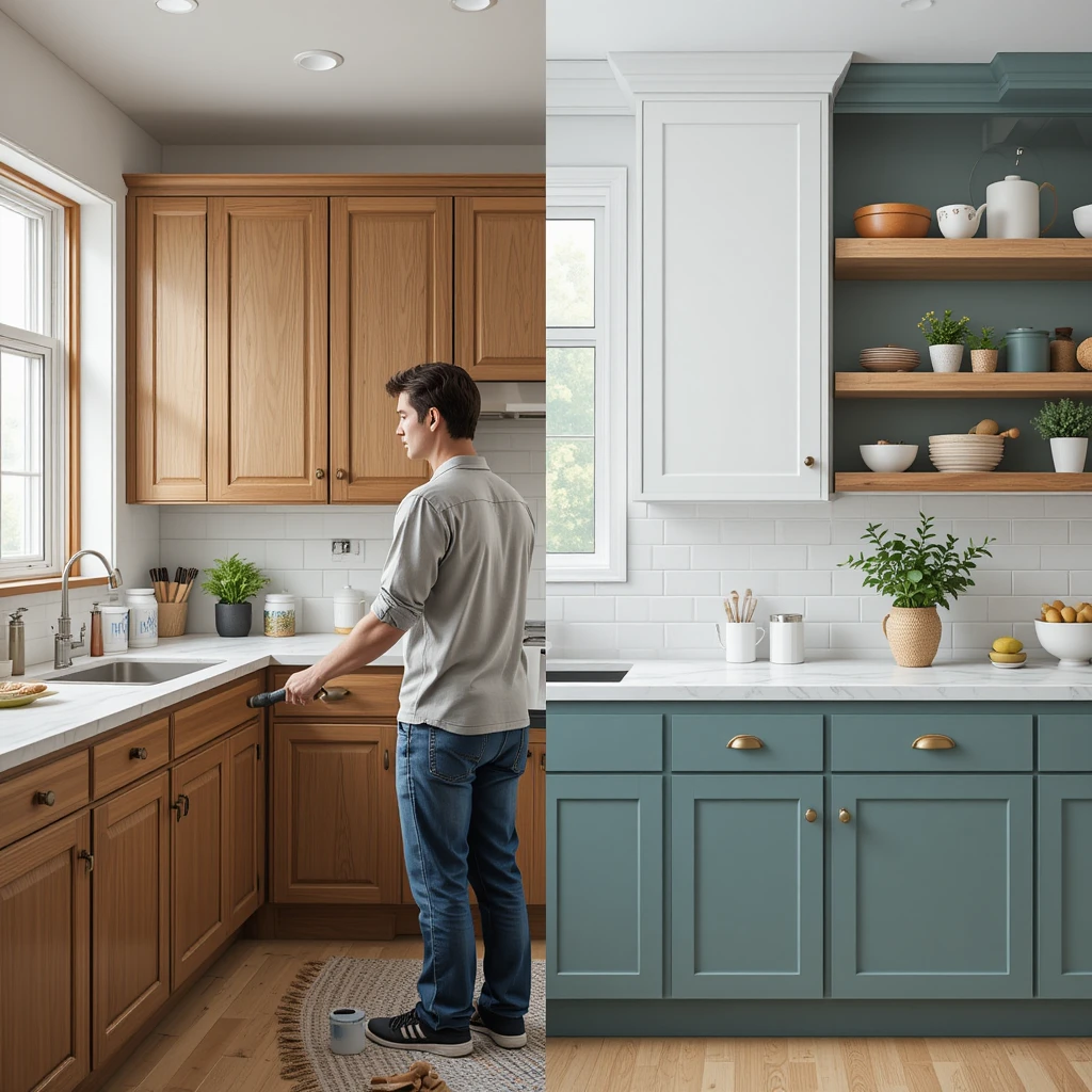 Kitchen cabinet painting transformation: outdated oak cabinets vs. freshly painted white cabinets with black hardware and marble backsplash.