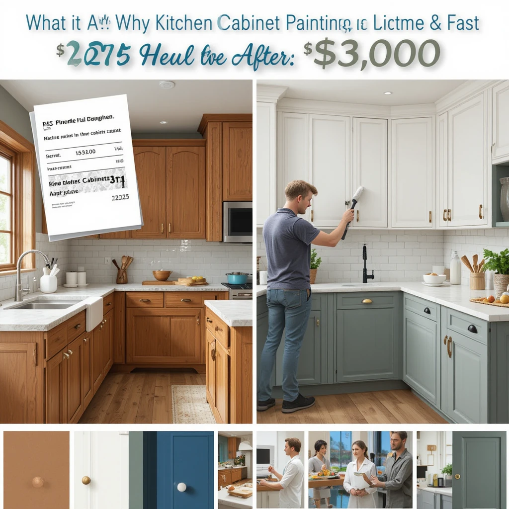 Infographic comparing kitchen cabinet painting ($3,000) to a full remodel ($25,000), showing cost savings with a refreshed painted kitchen versus demolition.