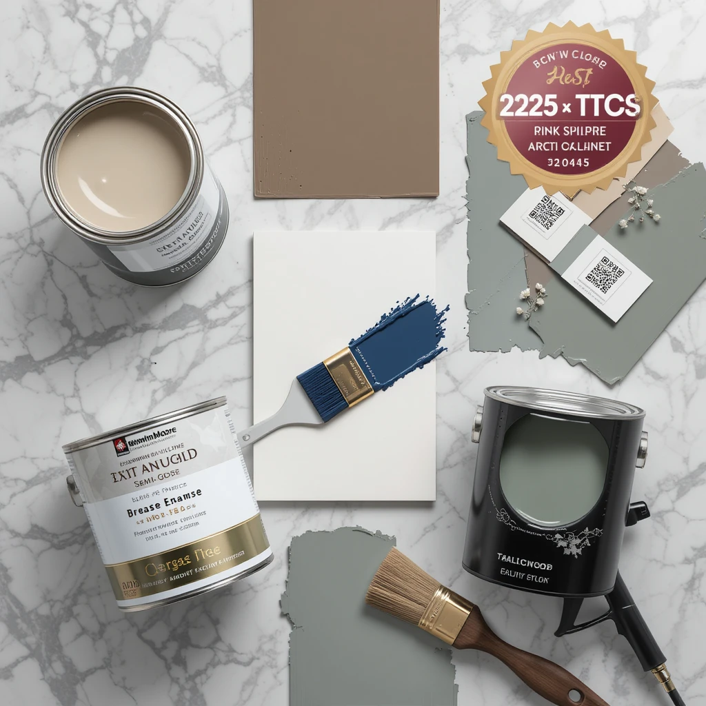 2025's most durable kitchen cabinet paints comparison: Benjamin Moore Advance (satin), Sherwin-Williams Emerald Urethane (semi-gloss), and Behr Alkyd Enamel (matte) shown in studio lighting. Includes painted samples, durability tests (scratch/coffee stain resistance), and 2025 trending color swatches like Whisper White and Tranquil Sage.