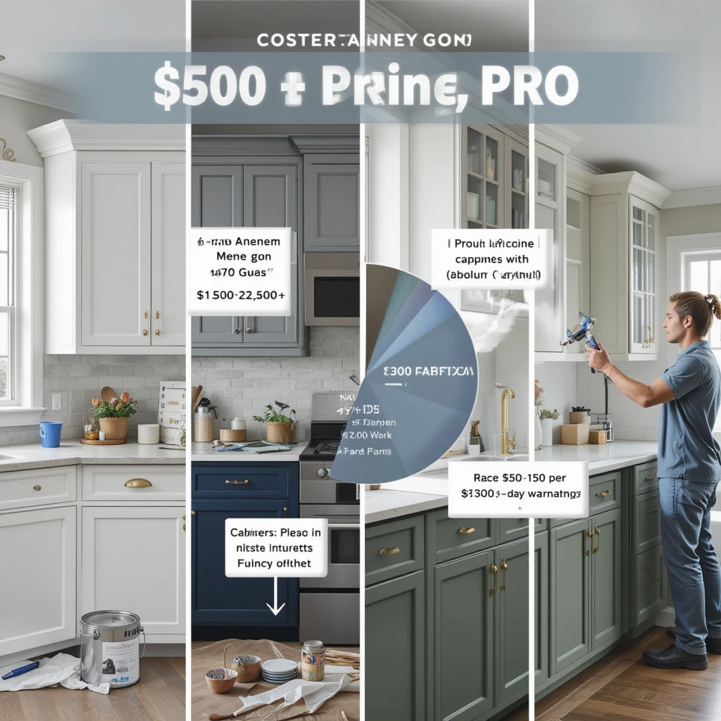 2025 professional kitchen cabinet painting cost guide infographic showing: left side with kitchen size calculator (8-12 cabinets $1,500-$2,500; 15-25 cabinets $2,500-$4,000), paint type comparisons (budget to luxury), and right side with prep work costs (degreasing $50-$150, wood repair $50-$200). Includes regional price map (urban $75/hr vs rural $30/hr) and before/after transformation timeline.