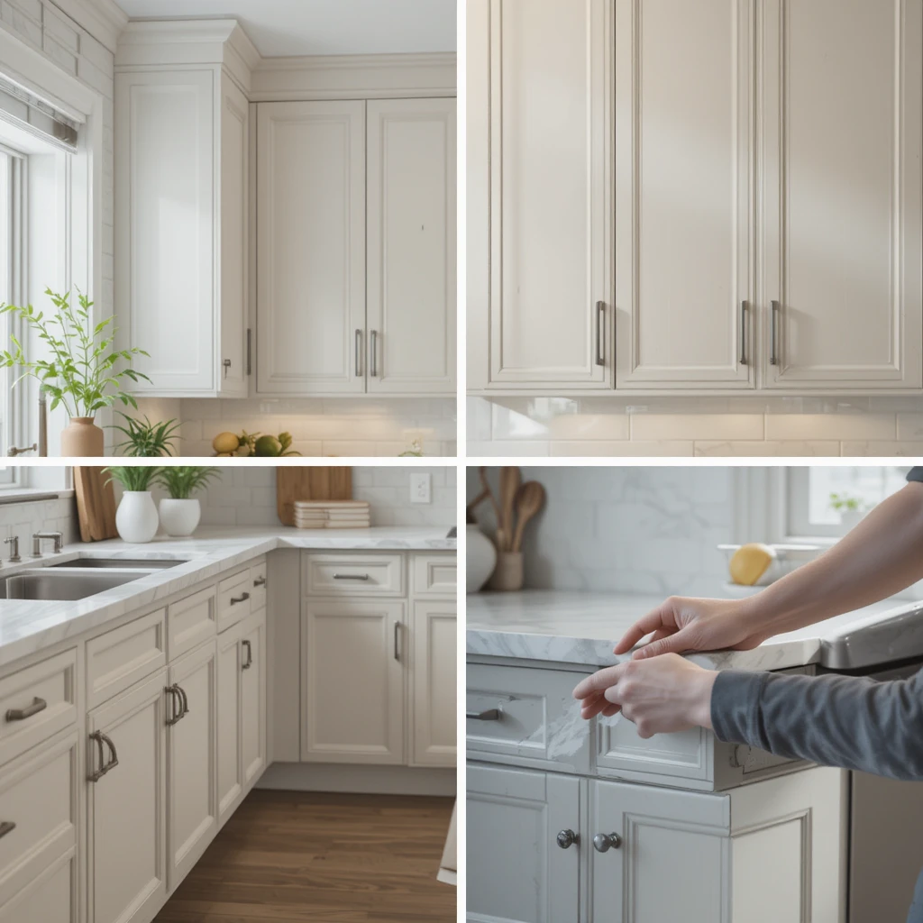 Professional kitchen cabinet painting results showing flawless warm white cabinets with brushed nickel handles in a modern kitchen. Highlighting durable, chip-resistant paint finish with marble countertops and soft-close hinges.