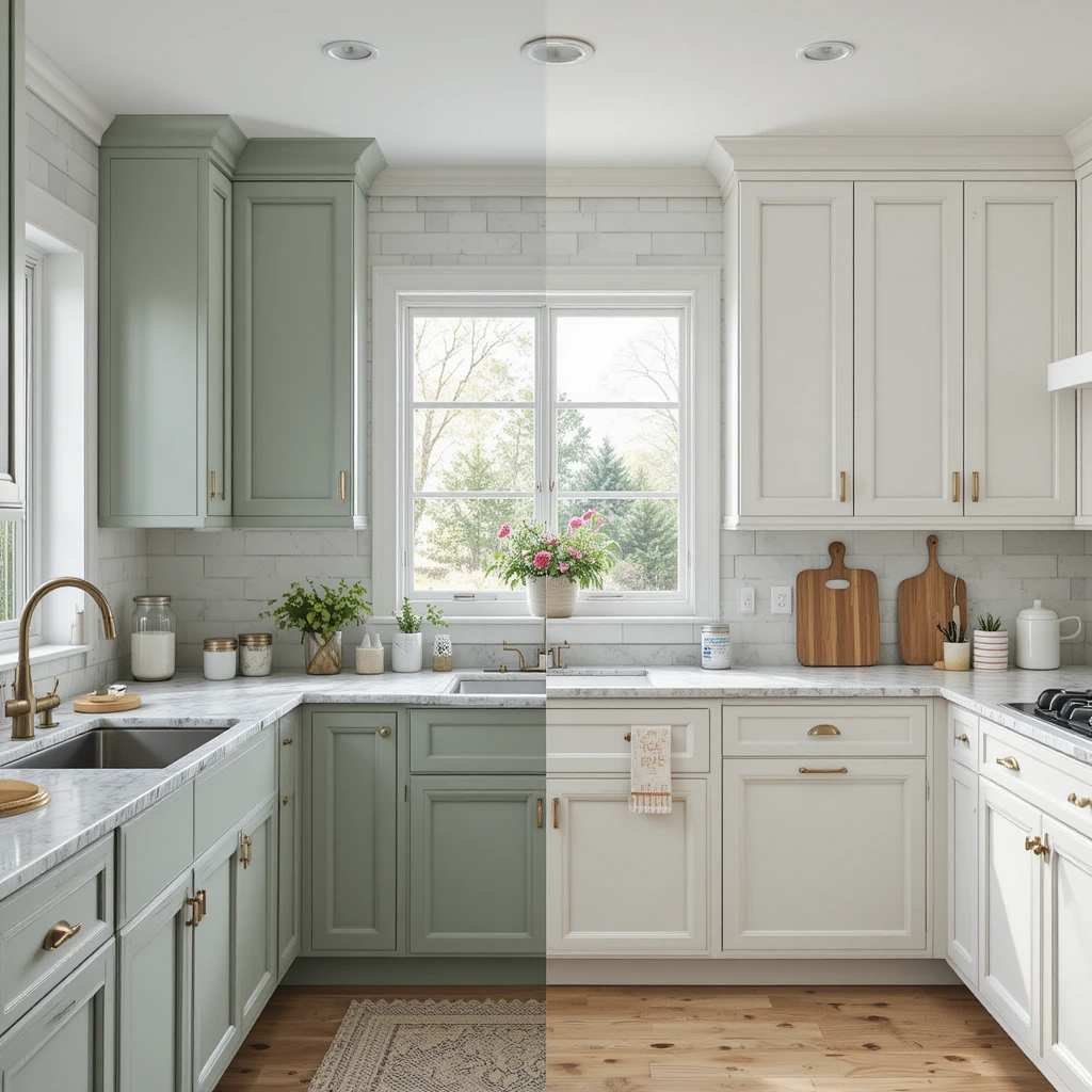 Split-image comparing pros and cons of kitchen cabinet painting: Left shows beautifully painted sage green cabinets with marble counters and brass hardware. Right reveals realistic challenges like minor chipping near sink and visible wood grain, with prep materials shown.