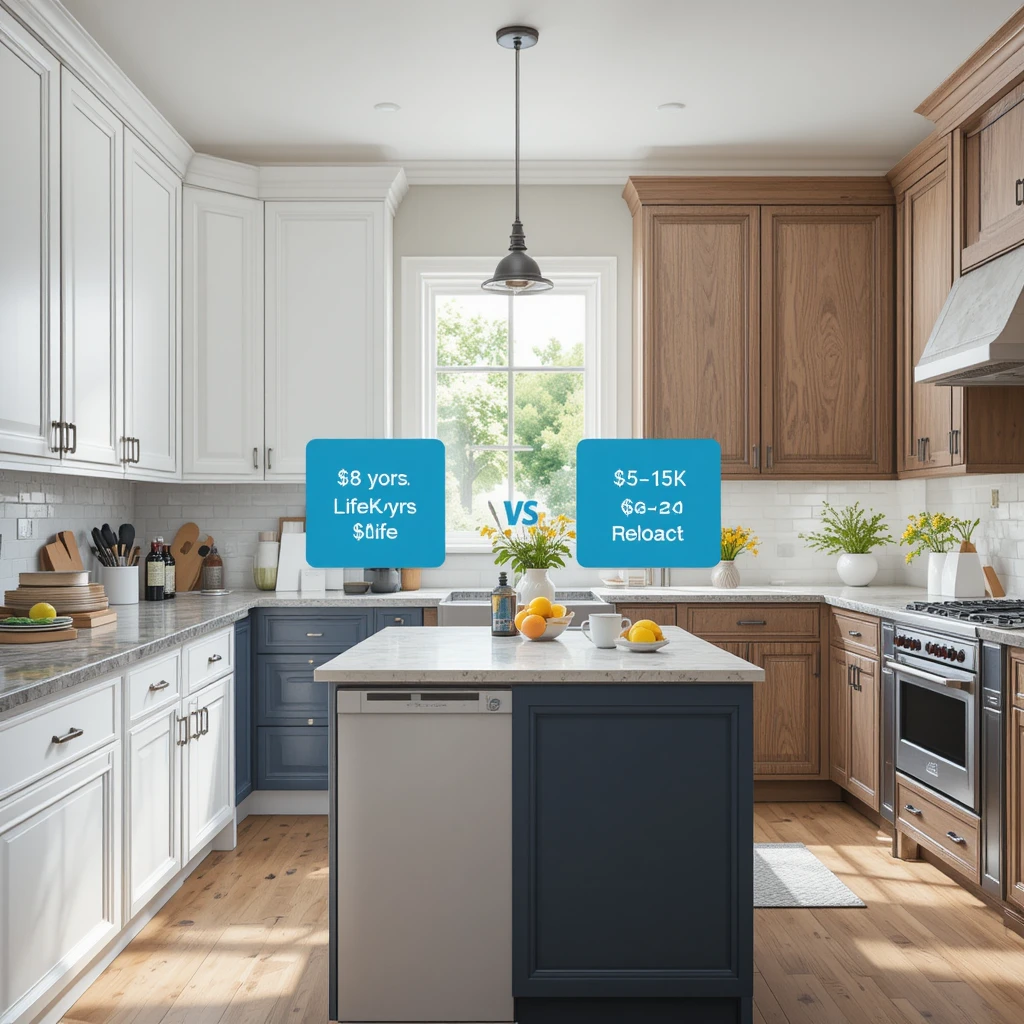 Split-image comparing kitchen cabinet painting (left) and refacing (right): Left shows navy blue painted cabinets with minor edge wear, paint supplies, and '3-7 day' timeline. Right displays new walnut shaker doors with soft-close hinges and modern hardware. Center infographic icons contrast cost ($1.5K vs $6K), lifespan (8 vs 15 years), and effort levels.