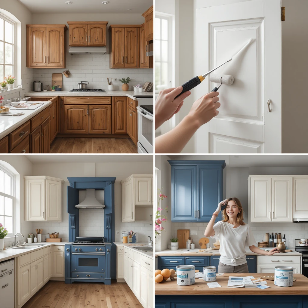 DIY kitchen cabinet painting guide showing: 1) Removing oak cabinet doors and organizing hardware 2) Sanding, filling dents, and applying primer 3) Cutting-in edges with brush and rolling paint in two-tone scheme 4) Adding protective topcoat and installing new hardware for finished look.