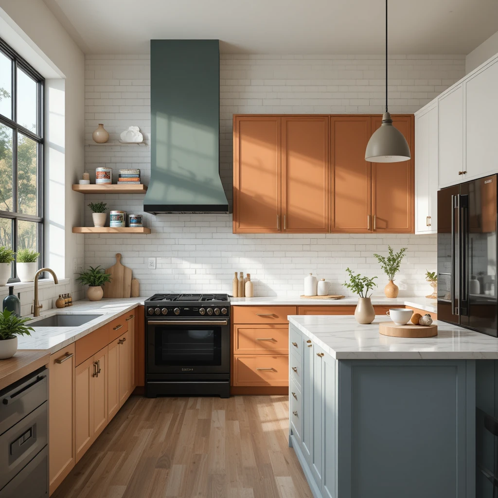 2025 kitchen cabinet painting trends featuring: warm putty-beige (matte), moody forest green (gloss), terracotta-and-white two-tone, and pale gray-blue cabinets. Shows professional painting results with brass hardware, natural wood accents, and stone counters in a designer kitchen.
