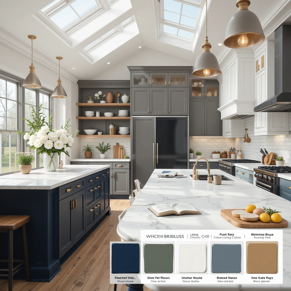 2025 kitchen cabinet painting trends showcase featuring five stylish zones: 1) Warm white shaker cabinets with gold hardware 2) Navy blue matte island with brass accents 3) Taupe cabinets with visible wood grain 4) Matte black lowers with glossy counters 5) Two-tone white uppers and green lowers. Shows professional painting results with marble, quartz, and mixed metal finishes in a sunlit designer kitchen.