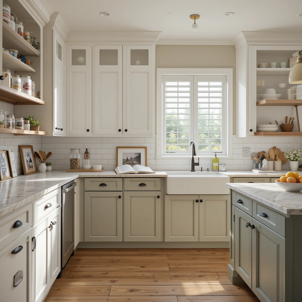 After photo of professionally painted kitchen cabinets in two-tone soft white and sage green with flawless matte finish, matte black hardware, and quartz countertops. Shows quality Benjamin Moore paint results with morning light, open shelving, and framed 'before' photo of dated oak cabinets for comparison.