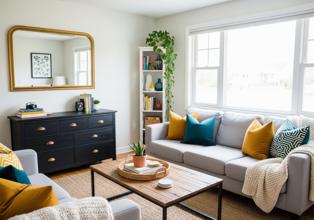 A modern living room showcasing various Room Decor Ideas DIY hacks, including rearranged furniture, updated hardware on a dresser, styled surfaces with curated objects, a large mirror reflecting light, and new throw pillows and blankets on the sofa.