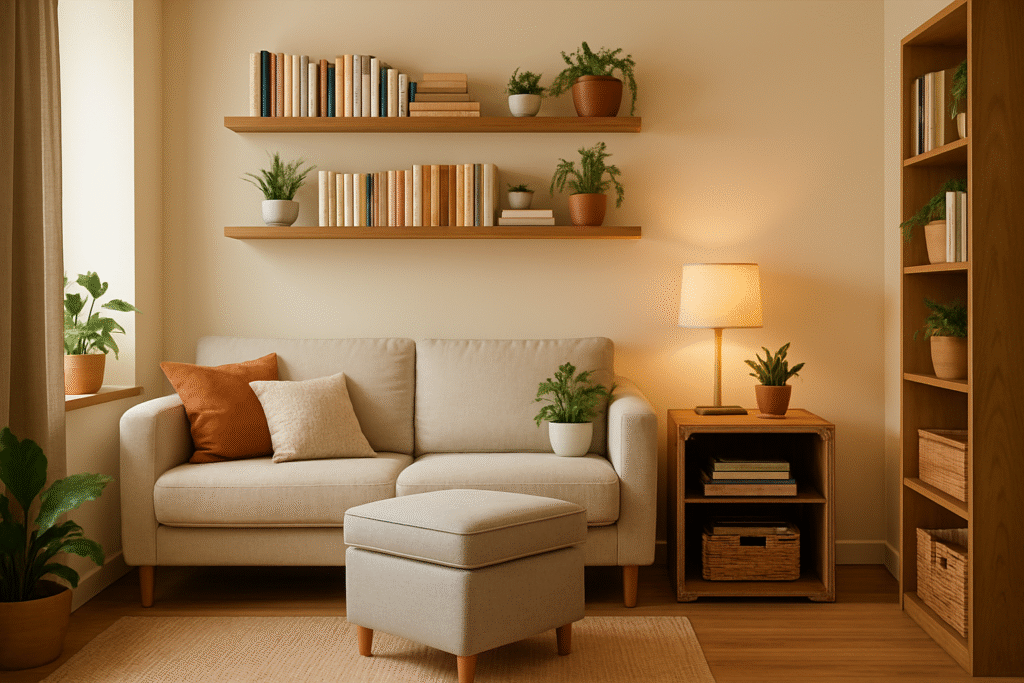 A living room with small apartment DIY storage solutions, including floating shelves with books and plants, an ottoman for hidden storage, and a side table made from a repurposed crate.