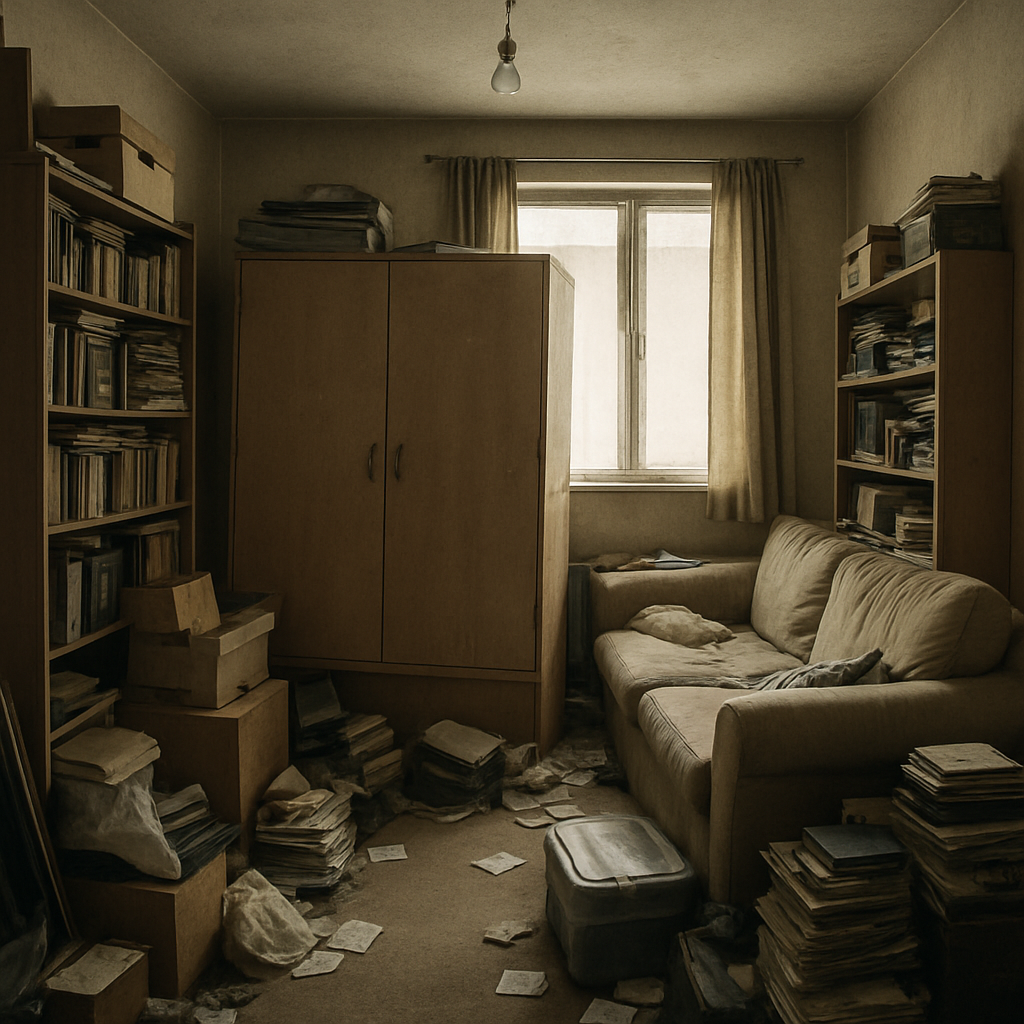 A cluttered and disorganized small apartment living space, illustrating common mistakes to avoid with small apartment DIY storage solutions. The room features overflowing bookshelves, a bulky wardrobe, and scattered papers on the floor, highlighting issues like overstuffing, ignoring vertical space, and choosing ill-fitting furniture.

