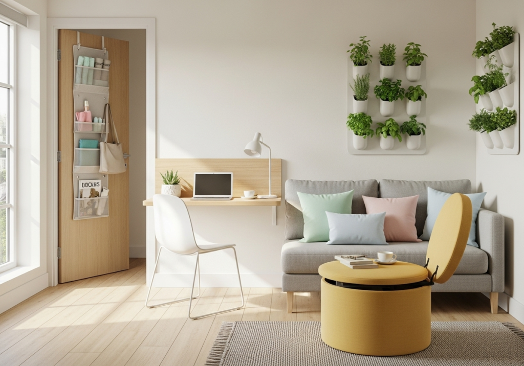 A bright and organized small living space demonstrating Room Decor Ideas DIY for maximizing square footage, featuring an over-the-door organizer, a wall-mounted desk, a multi-functional storage ottoman, and a vertical herb garden, all within a light-colored, airy room.