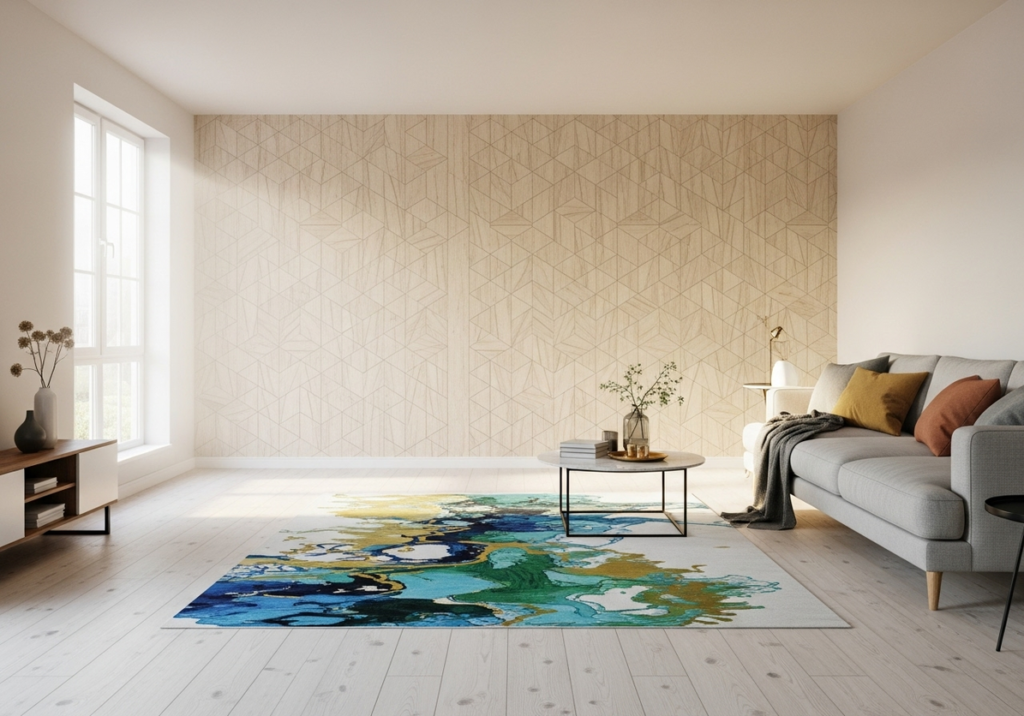 A modern living room showcasing creative Room Decor Ideas DIY, featuring a statement wall with a subtle geometric pattern resembling wood slats, and a vibrant, abstract hand-painted canvas rug on the floor. Natural light fills the room, highlighting the contemporary decor.