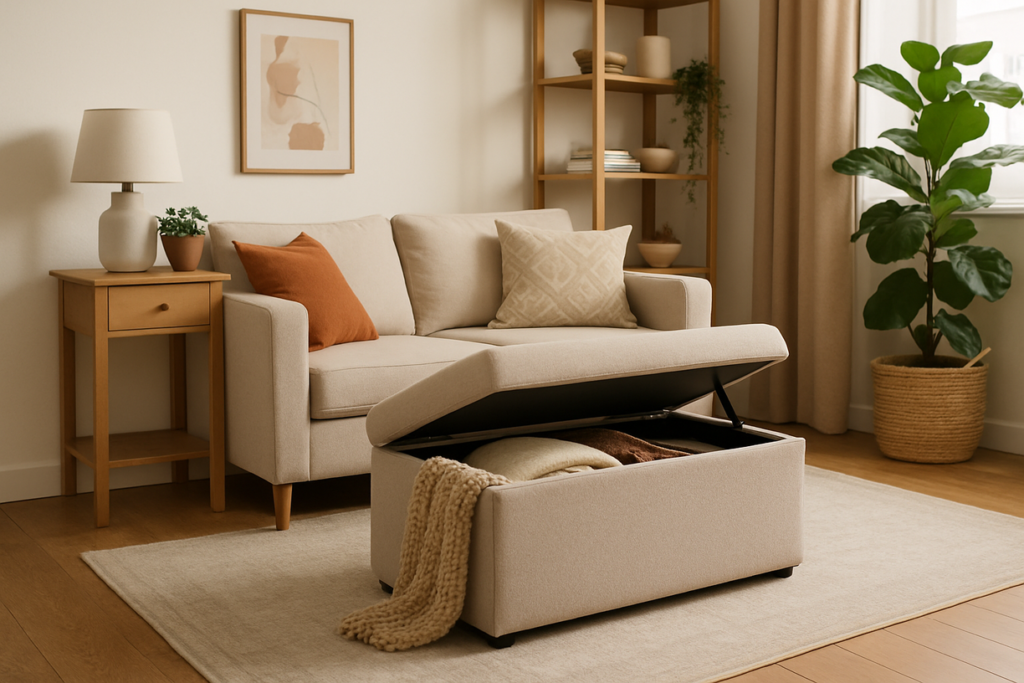 A cozy living room demonstrating small apartment DIY storage solutions with a multi-functional storage ottoman in the foreground. The ottoman's lid is partially open, revealing stored blankets and pillows inside, while a knitted throw spills out. In the background, a comfortable sofa, a side table with a lamp, and a potted plant complete the warm and inviting scene.