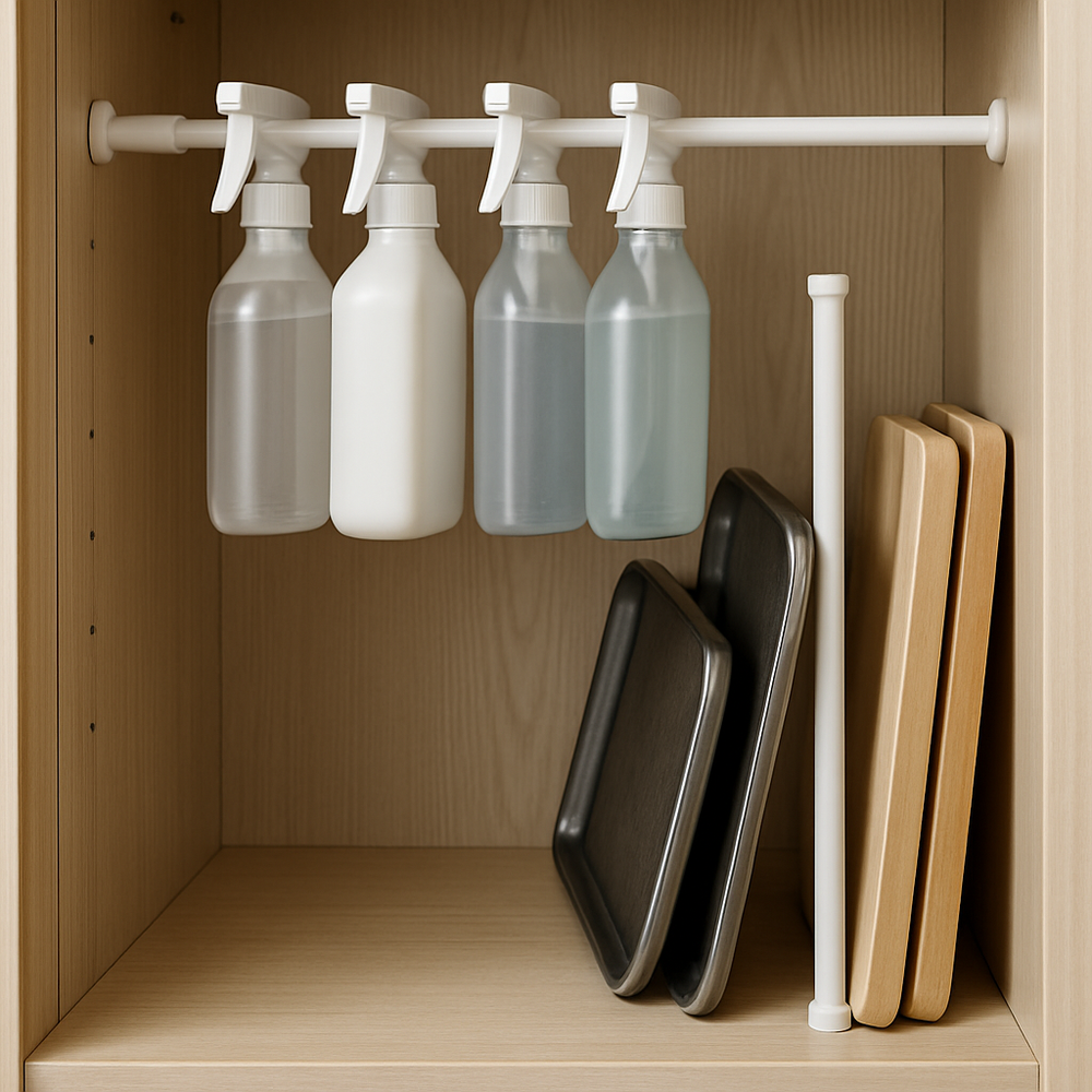 : A kitchen cabinet showcasing small apartment DIY storage solutions, with a tension rod used to hang spray bottles and another used as a divider for baking sheets.
