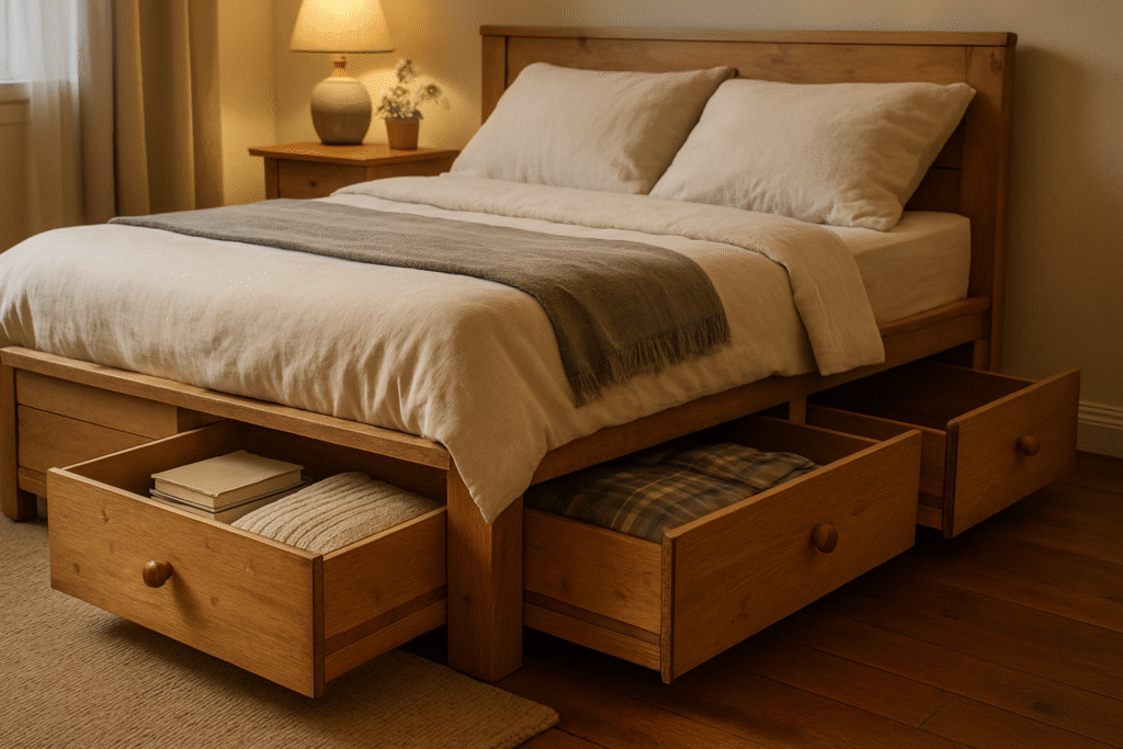  A cozy bedroom showcasing one of the most effective small apartment DIY storage solutions: under-bed storage. A wooden bed frame features two large, open drawers filled with neatly folded clothes and books, demonstrating a practical way to maximize space in a small room.