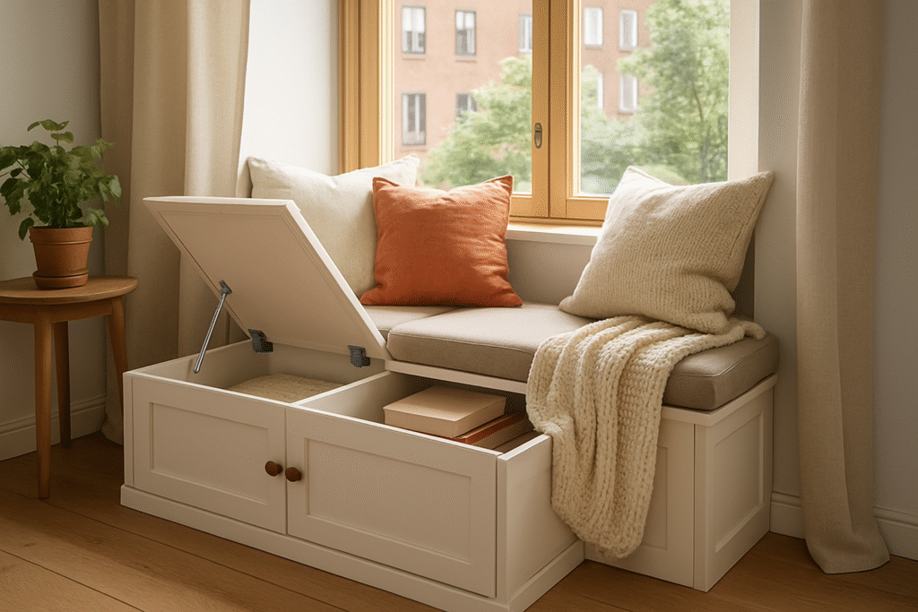 A cozy window seat with a hinged lid revealing hidden storage, perfect for blankets and books, demonstrating a smart small apartment DIY storage solution.